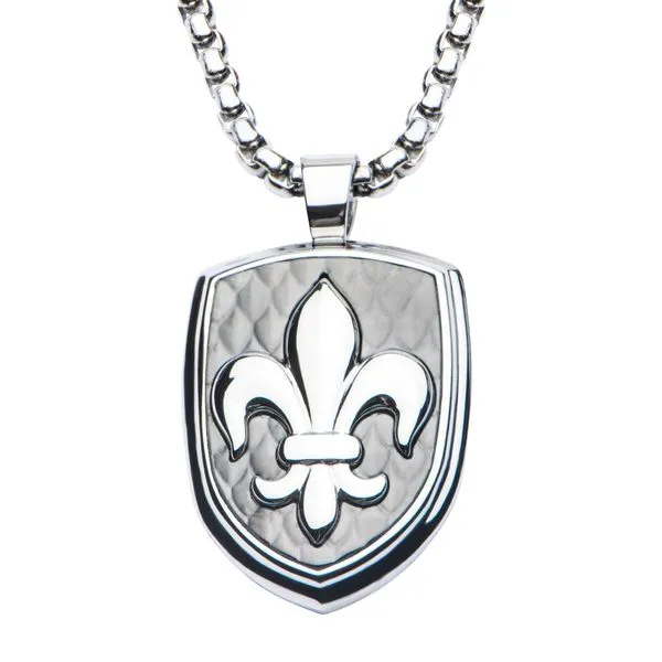 Finish Fleur de Lis Pendant on a Brushed Gun Metal IP Pendant Arezzo Jewelers Elmwood Park, IL