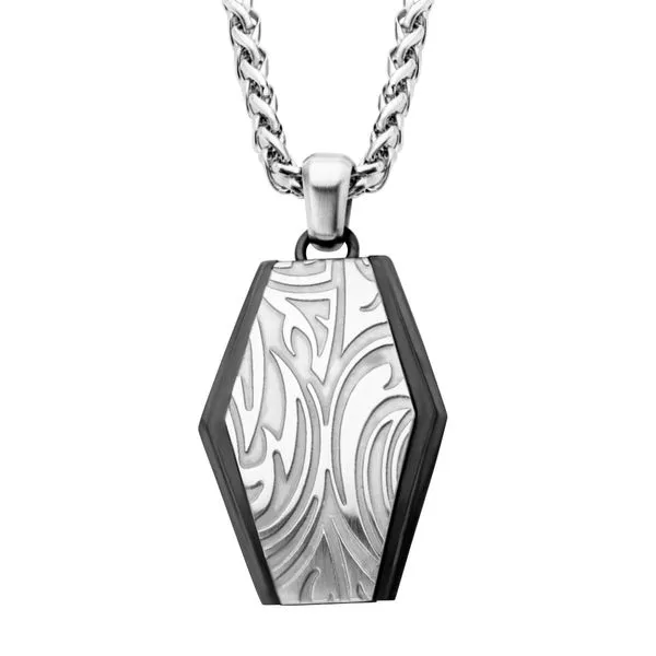 Black IP Frame with Brushed Finish Steel Grooves & Crests Dog Tag Pendant with Steel Wheat Chain Arezzo Jewelers Elmwood Park, IL