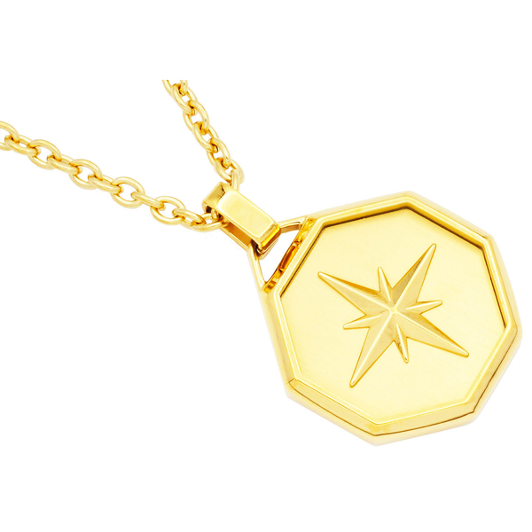 Men's Gold Stainless Steel Compass Pendant With 24