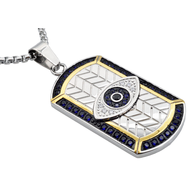 Mens Tri Tone Black And Gold Stainless Steel Evil Eye Dog Tag Pendant With Blue Cubic Zirconia Arezzo Jewelers Elmwood Park, IL