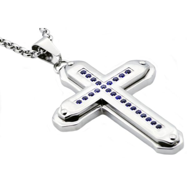 Steel Cross Necklace With Blue CZ's Arezzo Jewelers Elmwood Park, IL