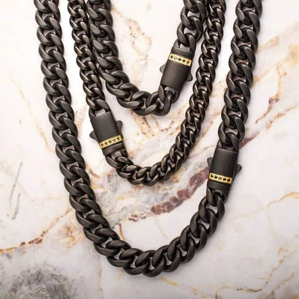 Black IP Steel Matte Finish Miami Cuban Chain Necklace with Genuine Black Sapphire Gem Image 5 Arezzo Jewelers Elmwood Park, IL