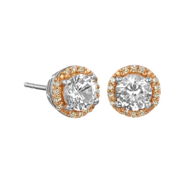 Sterling Silver & 14K Rose Gold Halo Earrings with White Sapphires & Natural Brown Diamonds Arezzo Jewelers Elmwood Park, IL