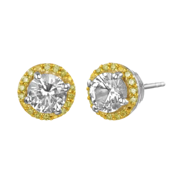Halo Sapphire Stud Earrings in Sterling Silver and Yellow Gold Arezzo Jewelers Elmwood Park, IL