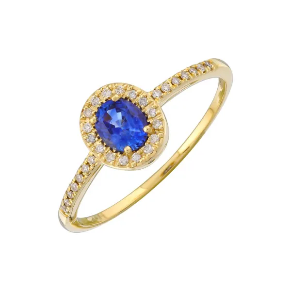 14K Yellow Gold Sapphire and Diamond Halo Ring Armentor Jewelers New Iberia, LA