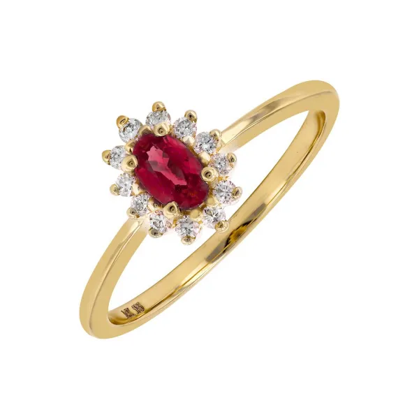 14K Yellow Gold Oval Cut Ruby Halo Diamond Ring Armentor Jewelers New Iberia, LA