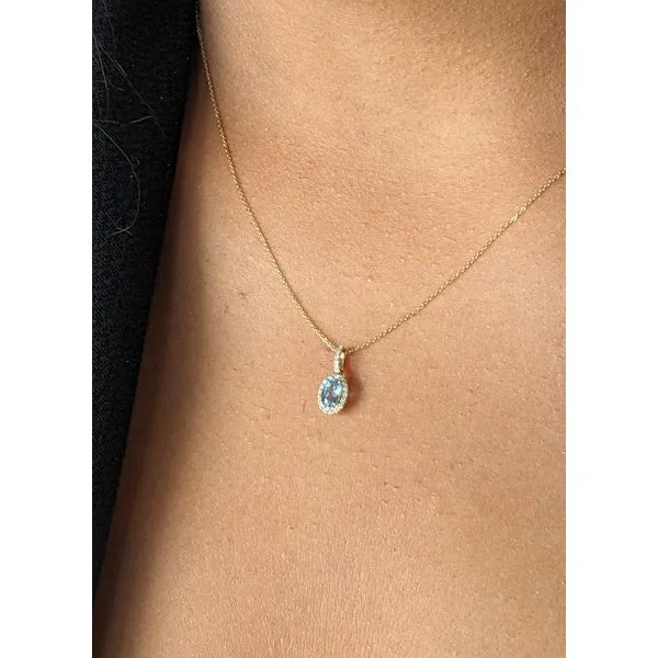 14K Yellow Gold Blue Topaz and Diamond Halo Necklace Image 2 Armentor Jewelers New Iberia, LA