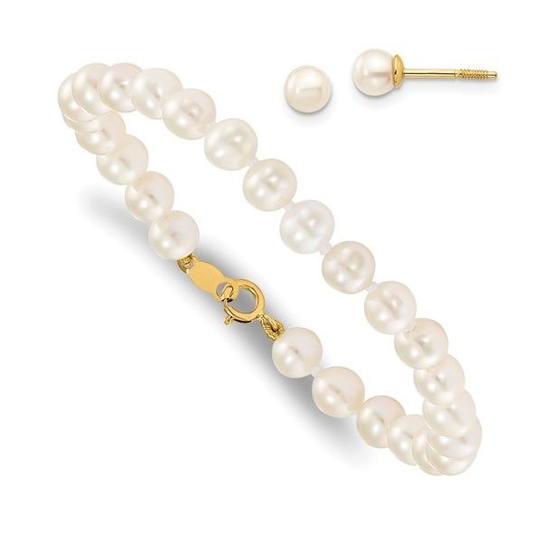 14K 4mm White Freshwater Cultured Pearl Bracelet and Earring Set Armentor Jewelers New Iberia, LA