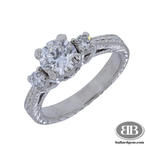 Platinum Vintage Style Hand Engraved 3 Stone Engagement Ring with 1.10ct Center Diamond Ballard & Ballard Fountain Valley, CA