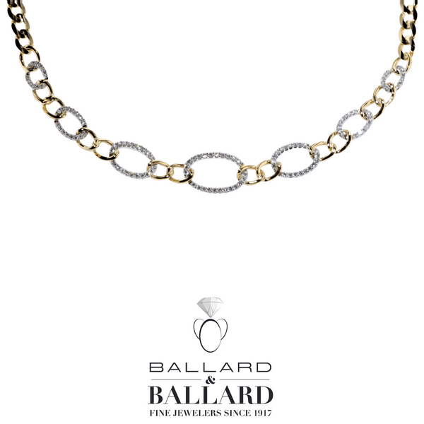 14K Yellow & White Gold Curb Link Necklace with Round Brilliant Diamonds Ballard & Ballard Fountain Valley, CA