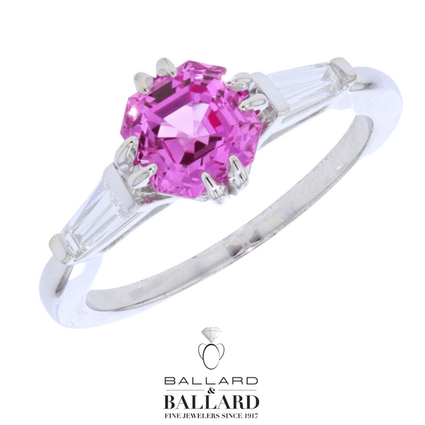 White Gold Bageutte and Asscher Cut Pink Sapphire Ring Ballard & Ballard Fountain Valley, CA