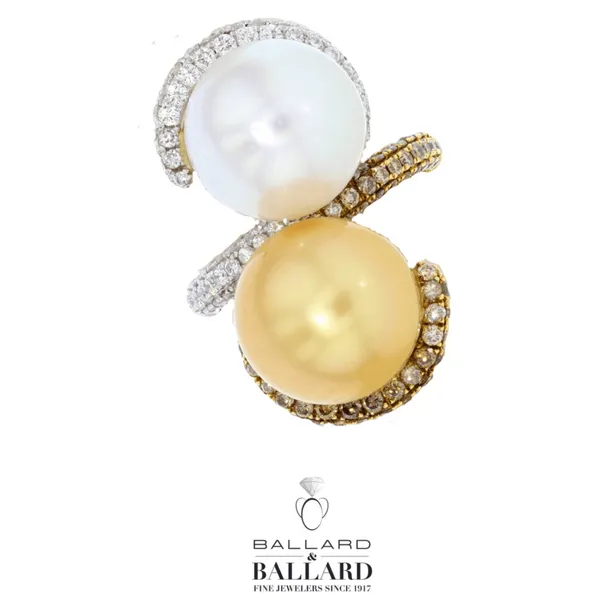 18K Yellow & White Gold South Sea Pearl Cluster Ring With White and Champaign Diamonds Size 6 Ballard & Ballard Fountain Valley, CA