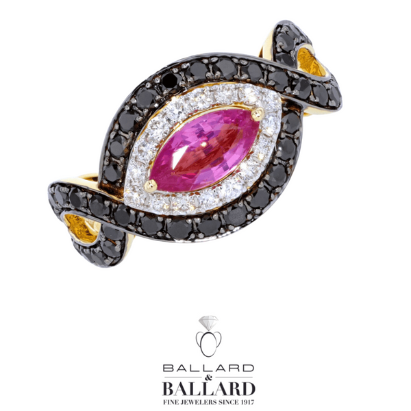 14K Yellow Gold Crossover Style Ring Size 6.5 With Marquise Pink Sapphire, White and Black Diamonds Ballard & Ballard Fountain Valley, CA