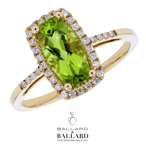 Lady's Yellow 14K  Contemporary Rectangle Checkerboard Cut Peridot and Diamond Halo Fashion Ring Ballard & Ballard Fountain Valley, CA