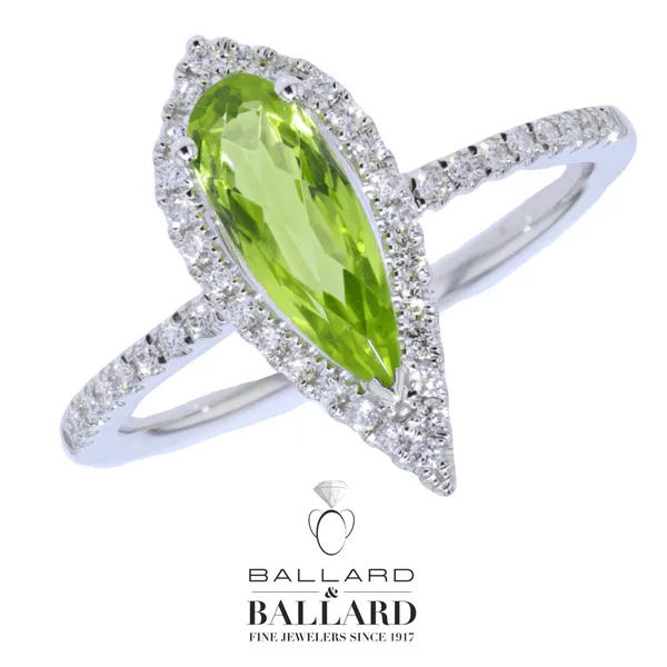 Lady's White 14K  Contemporary Pear Shape Checkerboard Cut Peridot And Diamond Halo Fashion Ring Ballard & Ballard Fountain Valley, CA