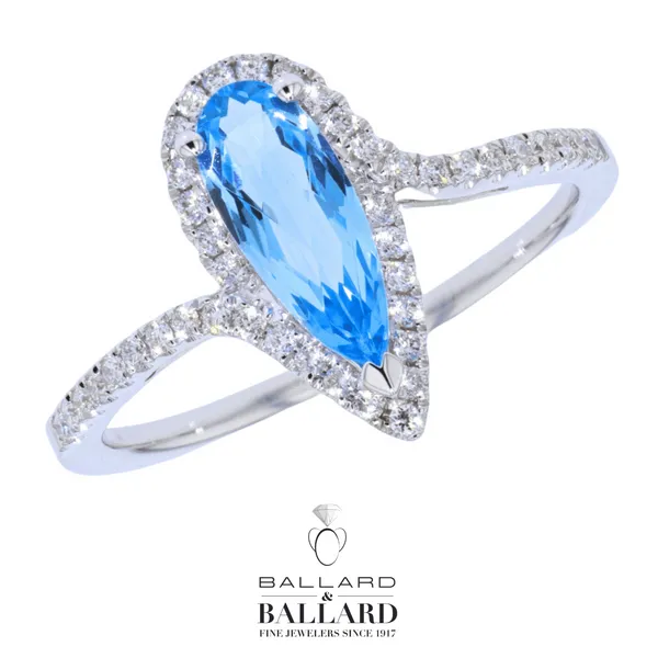 Lady's White 14K Contemporary Elongated Pear Shape Blue Topaz Halo Fashion Ring Ballard & Ballard Fountain Valley, CA
