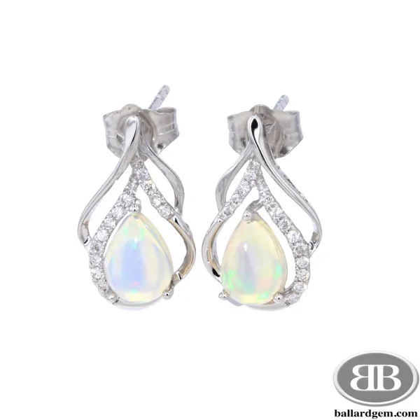 White Gold Swirl Earrings with Pear Shape Opals & Round Diamonds **October Birthstone** Ballard & Ballard Fountain Valley, CA