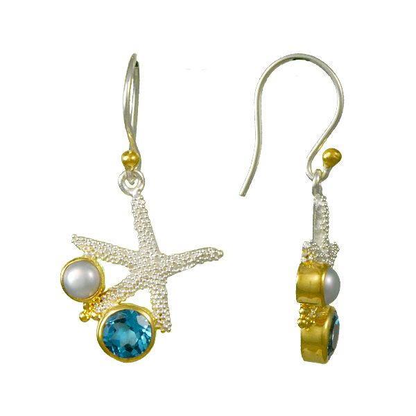 Sterling Silver Dangle Starfish Earrings with Pearl &  Blue Topaz Ballard & Ballard Fountain Valley, CA