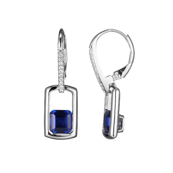 Sterling Silver Earrings with Lab-Created Blue Sapphire & Lab-Created White Sapphire, Lever Back, Rhodium Finish Double Finger F Ballard & Ballard Fountain Valley, CA