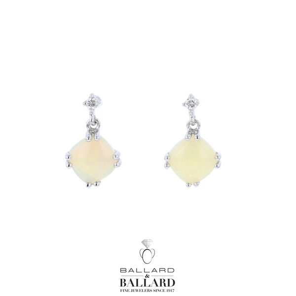 Cushion Checkerboard Cut Lab Opal & Diamond Drop Earrings **October Birthstone** Ballard & Ballard Fountain Valley, CA