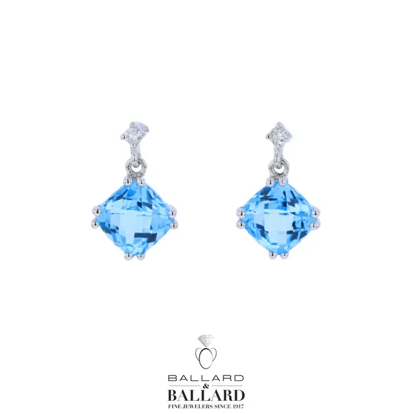 Cushion Checkerboard Cut Blue Topaz & Diamond Drop Earrings **December Birthstone** Ballard & Ballard Fountain Valley, CA