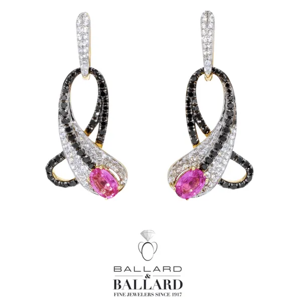 14K Yellow Gold Drop Swirl Earrings With Black and White Diamonds and Pink Sapphires Ballard & Ballard Fountain Valley, CA