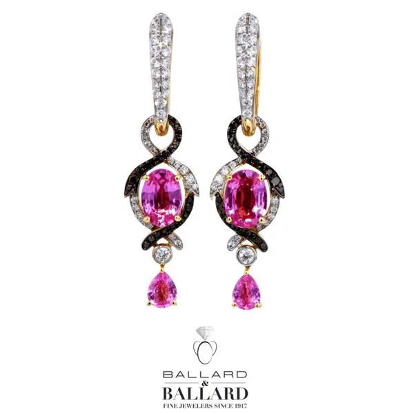 14K Yellow Gold Drop Earrings With Black and White Diamonds and Pink Sapphires Ballard & Ballard Fountain Valley, CA