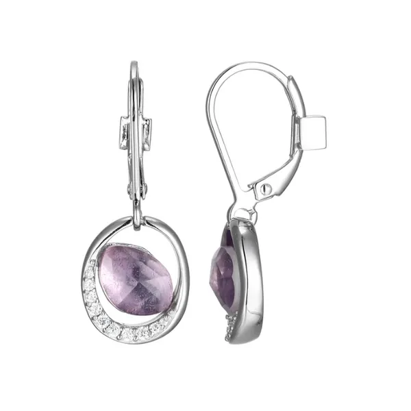 Sterling Silver ELLE "Treasure" Rhodium Plated Doublet, Genuine Amethyst with Clear Cubic Zirconia Leverback Drop Earr Ballard & Ballard Fountain Valley, CA