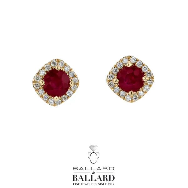 Ruby and Diamond Halo Stud Earrings in 14K Yellow Gold Ballard & Ballard Fountain Valley, CA