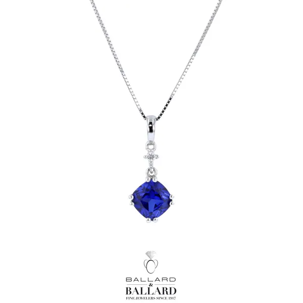 Cushion Checkerboard Cut Lab Sapphire & Diamond Drop Pendant **September Birthstone** Ballard & Ballard Fountain Valley, CA