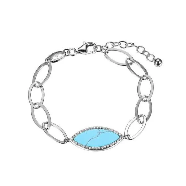 Sterling Silver Link Bracelet w/ Synthetic Turquoise & Cubic Zirconia in Center, Adjustable Length, Rhodium Finish Ballard & Ballard Fountain Valley, CA