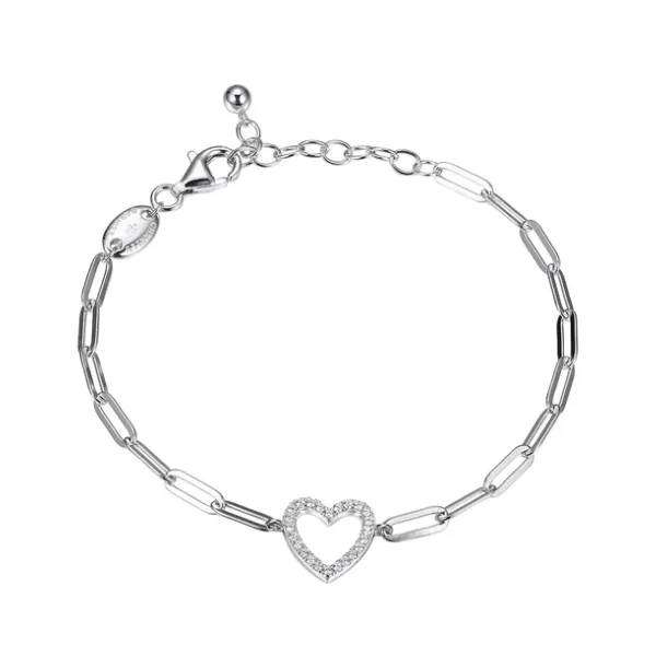 Sterling Silver Bracelet Paperclip Chain and CZ Open Heart in Center Adjustable Length, Rhodium Finish. Ballard & Ballard Fountain Valley, CA