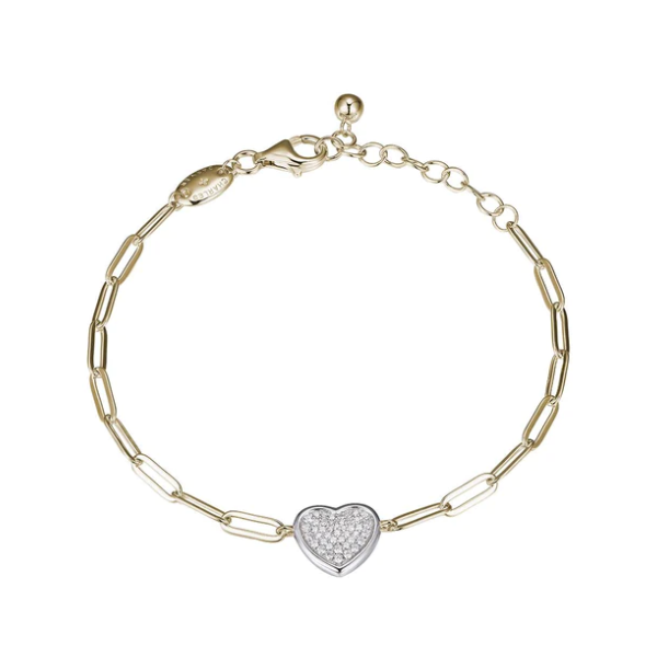 Sterling Silver Bracelet Paperclip Bracelet with Pave CZ Heart In Center Adjustable Length, Two Tone, 18K Yellow Gold & Rhodium  Ballard & Ballard Fountain Valley, CA