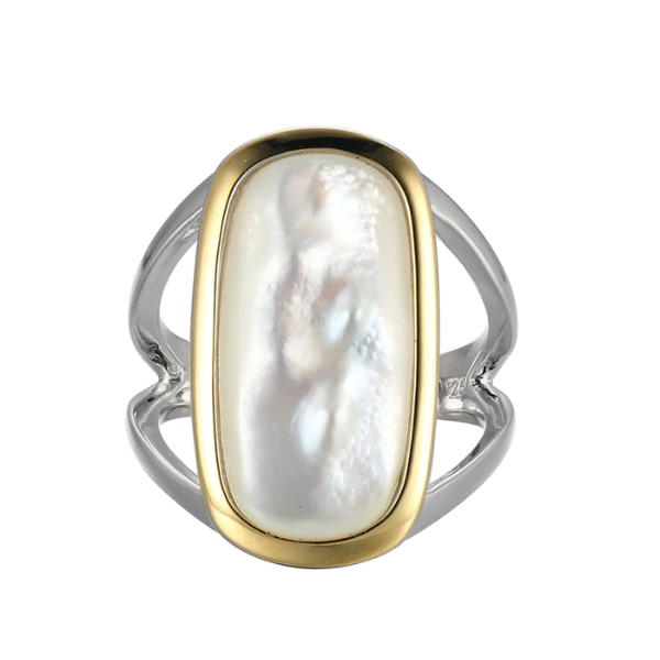 Rhodium and Yellow Gold Plated Elongated Mother of Pearl Ring Ballard & Ballard Fountain Valley, CA