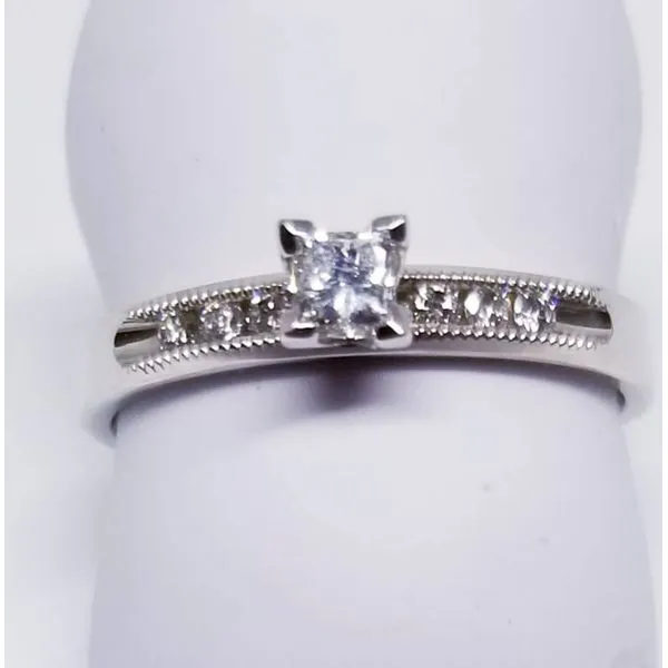 10 Karat White Engagement Ring With One Princess Cut Diamond 0.22ct and Six Channel Set Round Diamonds 0.09tw Barnes Jewelers Goldsboro, NC