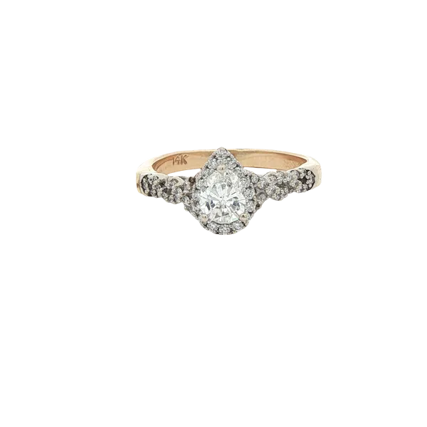 Pear Diamond Halo Engagement Ring with Twisted Shank, 14Kt Yellow and White Gold, 0.51CT Pear Center, Color: G, Clarity: SI1, 0.35CTTW Melee Round, Co Barnes Jewelers Goldsboro, NC