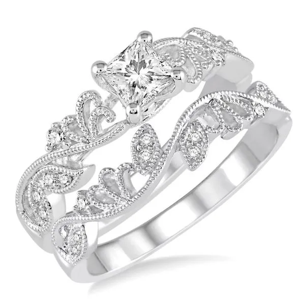 14K White 2 Piece Wedding Set with One Engagement Ring, Center Diamond Princess 0.25ct and Wedding Band. Size 6.  Total Diamond  Barnes Jewelers Goldsboro, NC