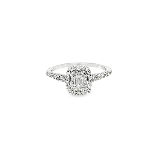 AMERICAN RING SOURCE  Emerald Double Halo Diamond Engagement Ring, 14KT White Gold, 0.57CTTW Emerald and Round Diamonds, Size 7  18525 Barnes Jewelers Goldsboro, NC