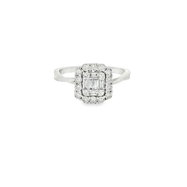 AMERICAN RING SOURCE  Squared Halo Diamond Engagement Ring, 14KT White Gold, 0.26CTTW Round and Baguette, Size 7  62653-18530 Barnes Jewelers Goldsboro, NC