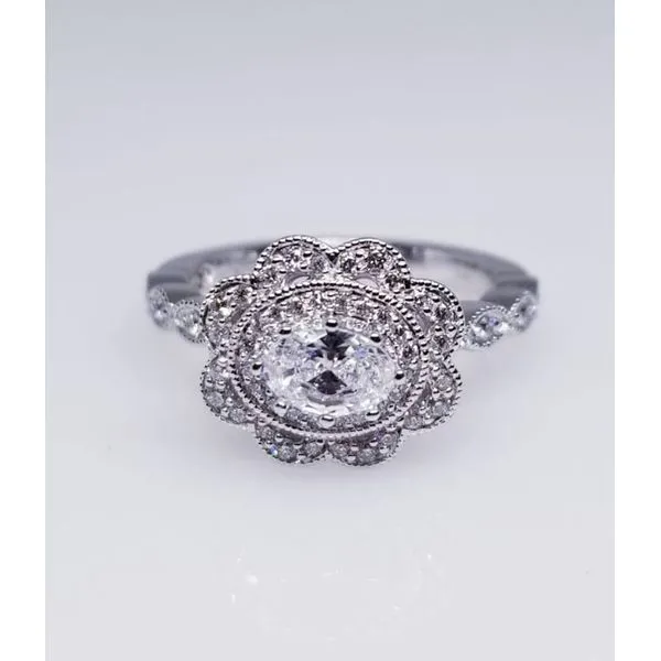 14K White Diamond Fashion Ring with 0.30tw diamonds and Oval Cubic Zirconia Center Stone. size 6.5 Barnes Jewelers Goldsboro, NC