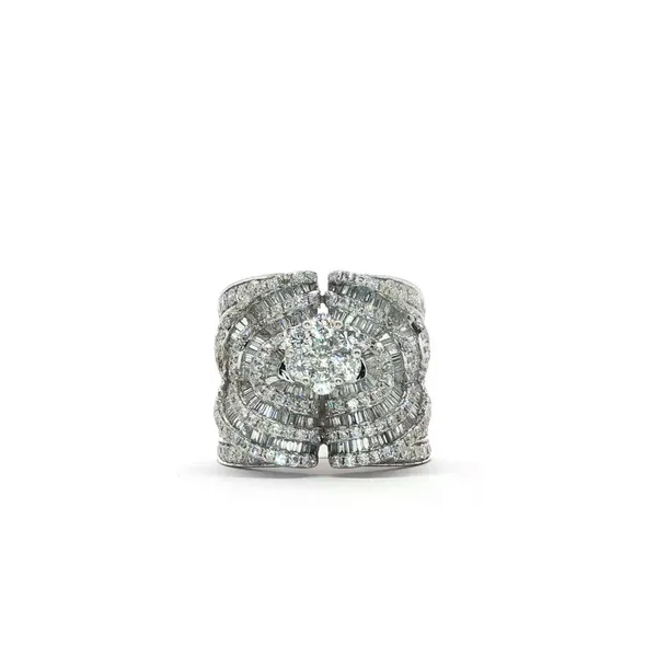 SOPRAFFINO  Wide Diamond Fashion Ring, 18KT White Gold, 3.42CTTW Round and Baguette Diamonds, Color: G/H, Clarity: SI1, Size 6.5  R0990-05940 Barnes Jewelers Goldsboro, NC