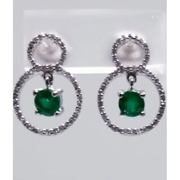 14K White Emerald & Diamond Earrings. 2 Round Emeralds 0.60 tw. 88 Round Diamonds 0.27 tw. Posts. Barnes Jewelers Goldsboro, NC