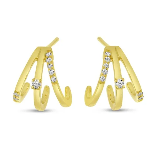 COLOR MERCHANTS  Triple Diamond Huggie Hoop Earrings, 14KT Yellow Gold, 0.10CTTW Round  E10972 Barnes Jewelers Goldsboro, NC