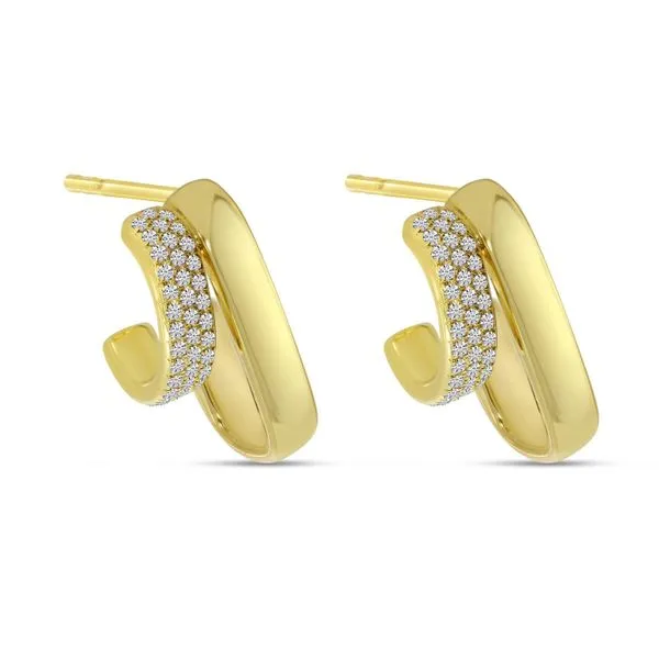 COLOR MERCHANTS  Double Gold and Diamond Huggie J Hoop Earrings, 14KT Yellow Gold, 0.29CTTW Round  E11526 Barnes Jewelers Goldsboro, NC