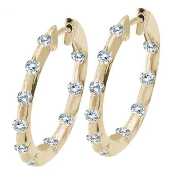 COLOR MERCHANTS  Diamond Station Hoop Earrings, 14KT Yellow Gold, 0.50CTTW Round  E7970 Barnes Jewelers Goldsboro, NC
