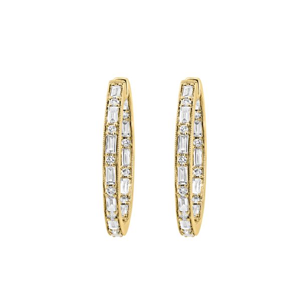 Diamond In & Out Hoop Earrings | 14KT Yellow Gold | Barnes Jewelers Goldsboro NC Image 2 Barnes Jewelers Goldsboro, NC
