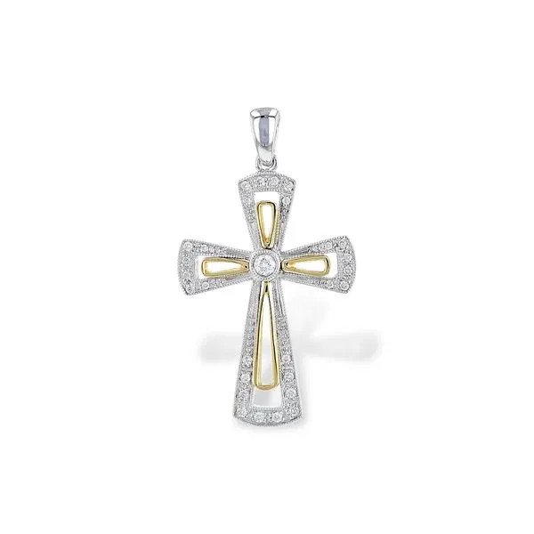 ALLISON KAUFMAN  Diamond Cross Necklace, 14KT White and Yellow Gold, 0.18CTTW Round Diamonds  P6442 Barnes Jewelers Goldsboro, NC