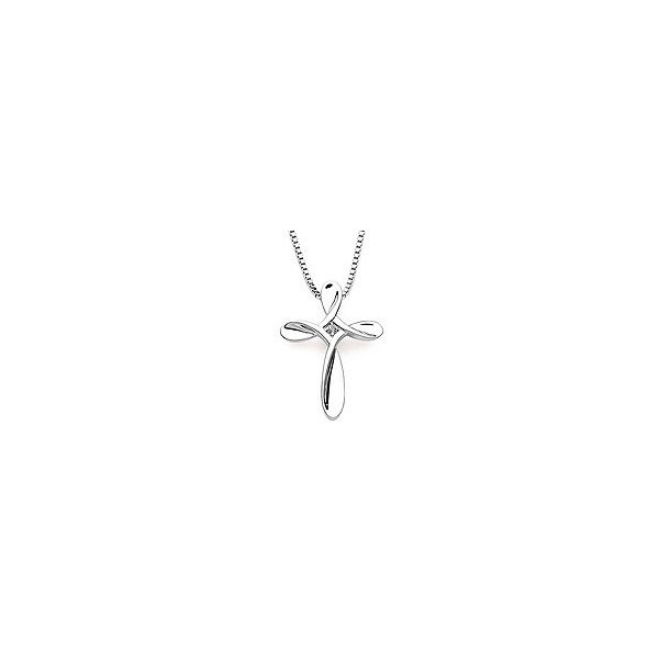 Rhodium Sterling Silver  Cross Pendant w/ .01 Ct. Diamond. Box Chain 16