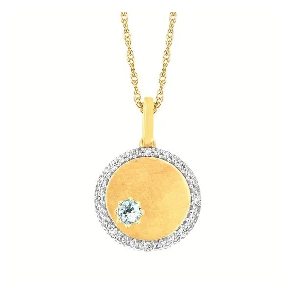 OSTBYE  Aquamarine and Diamond Disc Necklace, 10KT Yellow Gold, 0.04CTTW Round Diamonds, March, Engraveable, 18