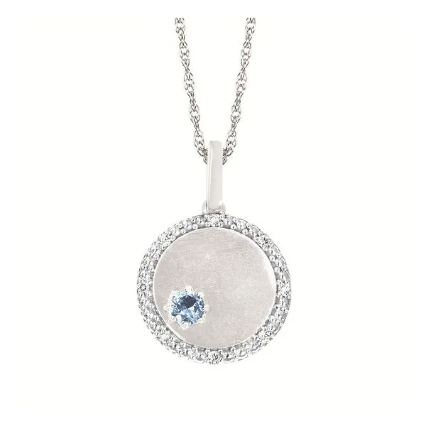 OSTBYE  Blue Topaz and Diamond Disc Necklace, 10KT White Gold, 0.04CTTW Round Diamonds, December, Engraveable, 18